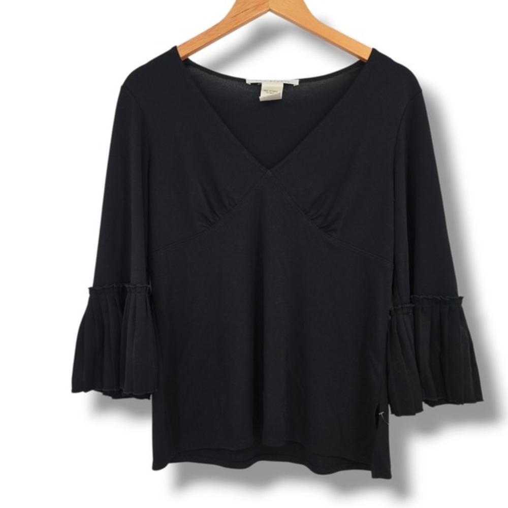 Max Studio Womens Black V-Neck 3/4 Pleated Ruffle Bell Sleeve Top Size Large
